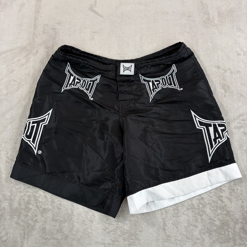 Vintage Tapout Fight Board Shorts Men 34 Black White Hook & Loop Jiu Jit Y2K MMA